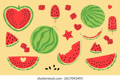 Colorful watermelon vector set with slices, popsicles, cubes, and fun shapes for summer designs, stickers, prints, social media, party invitations. Summer fruit collection