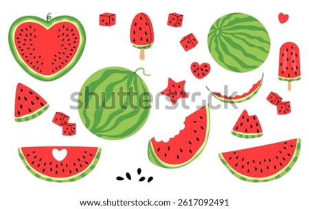 Colorful watermelon vector set with slices, popsicles, cubes, and fun shapes for summer designs, stickers, prints, social media, party invitations. Summer fruit collection