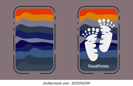 colorful wave background and two footprints illustration. vector flat design abstract editable background.
