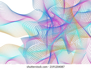 Colorful Wave Background White Vector. Motive Backdrop. Multicolored Ribbon Circular. Soundwave Stream Texture. Rainbow Minimal Line.