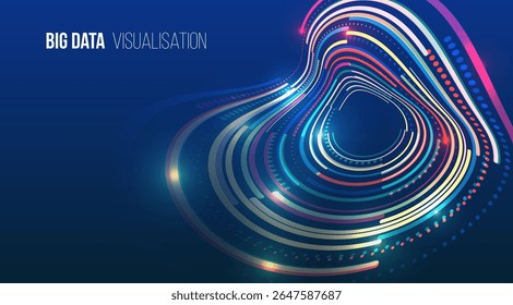 Onda colorida de puntos de datos circulares sobre un fondo azul oscuro. Concepto de visualización Abstractas que representa big data, análisis, flujo digital y tecnología moderna.