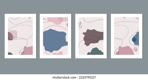 Colorful wave four frame wall art canvas. Line art abstract minimalist wall decor with soft pastel decoration postcard or brochure design. 
Social media stories and post creative vector set wallpaper 