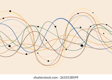 Colorful Wave Line Pattern with Black Dots on Beige Background. Dynamic playful overlapping lines with rhythmic flow. Perfect for music posters, branding, and web