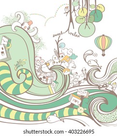 Colorful wave Lines background with cute doodles drawing