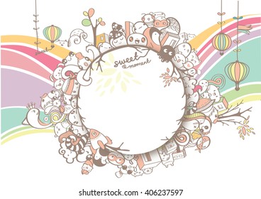 Colorful wave Lines background with cute doodles drawing surrounding round text box