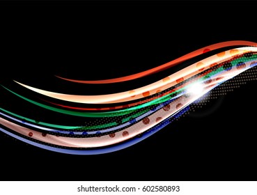 Colorful wave lines with light and shadow effects on black. Abstract background