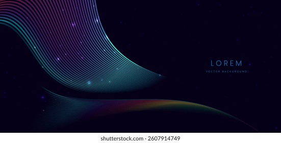 Colorful wave lines on dark blue background with lighting effect sparkle. Vector illustration