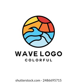 Colorful Wave Logo Vector, Sunrise Emblem Icon Symbol, Ocean Creative Vintage Graphic Design