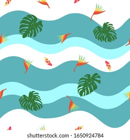 tiras de onda coloridas con flores y hojas tropicales, textura de flora exótica, ilustración vectorial editable para la decoración estival, tela, textil, papel, afiche, pancarta