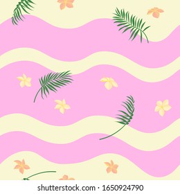 colorful wave strips seamless pattern with tropical flowers and leaves, exotic flora texture, editable vector illustration for summer decoration, fabric, textile, paper, poster, banner