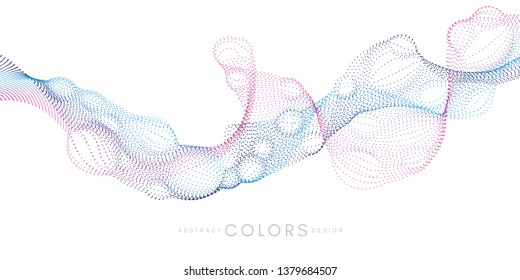 Colorful waveform surface from particulars. Abstract vector dynamic background with motion effects and bubble design elements.