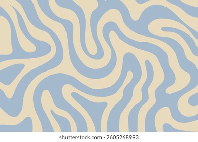 Colorful waves abstract horizontal background. Groovy psychedelic lines. Trendy vector illustration in style retro 60s, 70s. Blue wavy pastel stripes