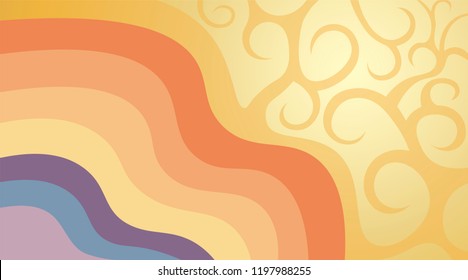 Colorful waves with curled elements behind. Vector background.
