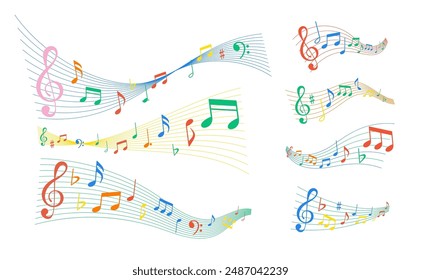 Colorful Waves Of Musical Notes And Symbols On White Background. Vibrant Vector Illustration Ideal For Music Designs