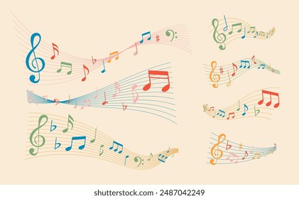 Colorful Waves Of Musical Notes And Symbols Flowing Across Beige Background. Vector Illustration Of Musical Swirls