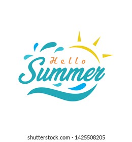 Colorful Waves And Sun Shine With Hello Summer Typography Logo Icon Vector Template