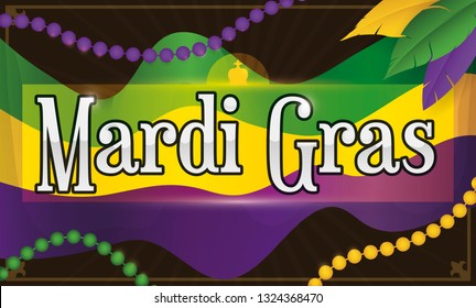 Colorful, waving Mardi Gras flag, decorated with traditional tri-colored string beads and feathers to celebrate this carnival.