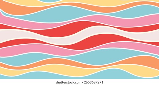 Fundo de camadas abstrato ondulado colorido. camadas de ondas multicoloridas em tons de vermelho, rosa, azul e amarelo. Perfeito para projetos criativos, cartazes