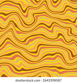 Um padrão abstrato ondulado colorido composto de linhas orgânicas fluidas em tons quentes de amarelo, laranja, vermelho e marrom. 