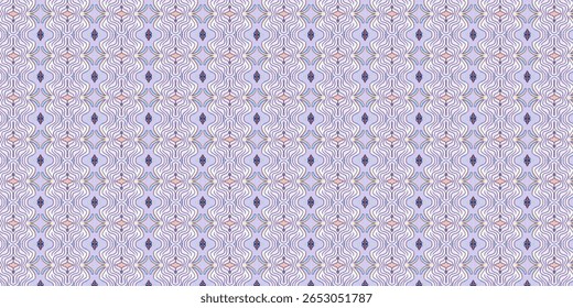 Colorful wavy abstract pattern with minimalistic shapes in lavender tones and rainbow accents, ideal for fabric design, digital art, or modern backgrounds.