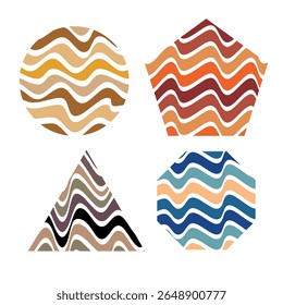 Padrões abstratos ondulados coloridos em formas de triângulo, círculo, pentágono e octógono. Ideal para fundos contínuos, estilo retro e projetos de design geométrico moderno.