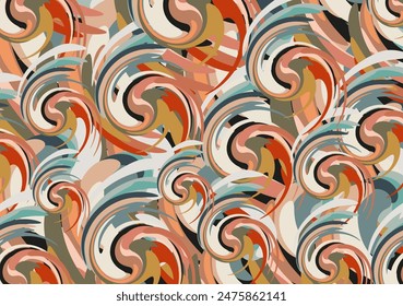 Colorful wavy background with spiral elements for textiles or fabrics. Bright ornamental motifs for business concepts, cover, scrapbooking, tiles, fashion trends, interior solutions, prints, etc.