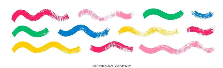 Colorful wavy bold lines collection. Brush drawn simple squiggly strokes. Multi colored vector wavy smears isolated on white background. Aqua streaming pictogram. Thick curved grunge strokes.