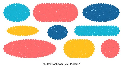 Colorful Wavy Edge Ellipse shapes set. Modern Playful kids Circle Oval Frames. Scalloped Edge Geometric Shapes. Scratched grainy texture. Stamp, Label, Badge, Mark For school education Design