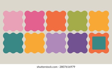 Colorful wavy edged squares in various hues on beige background 
