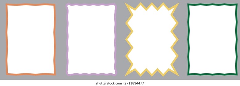 Farbige wellenförmige Rahmenränder für kreative Designs. Das Set besteht aus vier pastellfarbenen, rechteckigen Rahmen in Violett, Rot, Gelb und Rosa, perfekt für Notizen, Labels, Einladungen und verspielte grafische Layouts.

