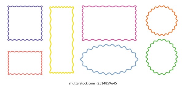 Colorful wavy frames of different shapes and sizes on white background. Wave scallop squiggle cute simple rectangle border set.