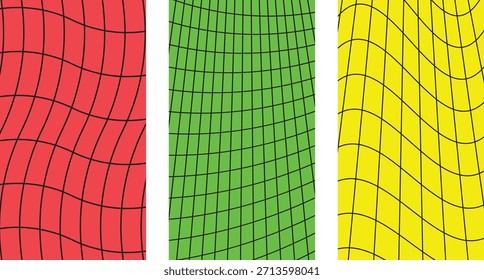 Patrones ondulados coloridos de la rejilla en rojo, verde y amarillo con líneas negras