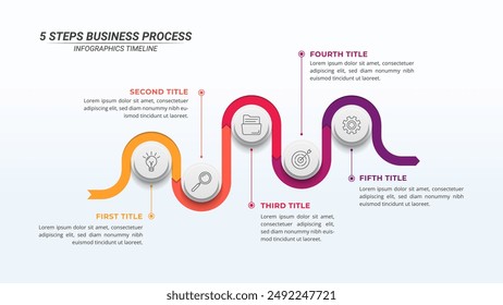 Colorful Wavy Infographic Timeline with 5 Options on a 16:9 Layout for Business Presentations, Management, and Evaluation.