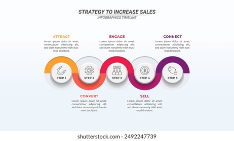 Colorful Wavy Infographic Timeline with 5 Options on a 16:9 Layout for Business Presentations, Management, and Evaluation.