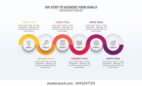 Colorful Wavy Infographic Timeline with 6 Options on a 16:9 Layout for Business Presentations, Management, and Evaluation.