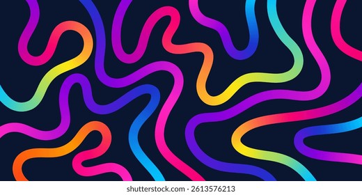 Colorful wavy line pattern. Bright neon ribbons, swirling gradient lines and dynamic curls on a dark background. Festive background