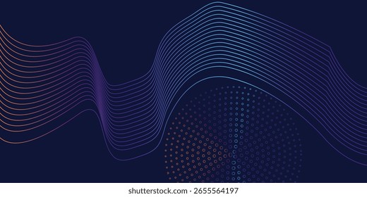 Fondo de líneas onduladas coloridas con puntos degradados y Abstractas en azul oscuro