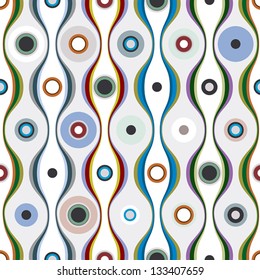 Colorful wavy lines and circles textile seamless pattern, vector background.