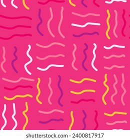 Colorful wavy lines in a dynamic abstract seamless pattern on a red background. Doodle wave wallpaper