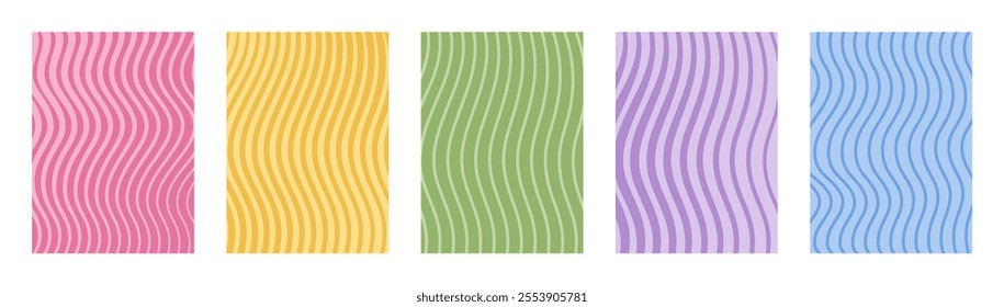 Colorful wavy lines pattern. Poster with coloring waves. Curvy shapes, impression painting concept. Abstract smooth geometric texture. Optical illusion background, aesthetic print vector illustration