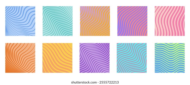 Colorful wavy lines pattern. Poster with coloring waves. Curvy shapes, impression painting concept. Abstract smooth geometric texture. Optical illusion background, aesthetic print vector illustration