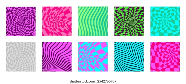 Colorful wavy lines and psychedelic checkerboard patterns. Curvy shapes, impression painting concept. Abstract smooth geometric texture. Optical illusion background, cute print vector illustration