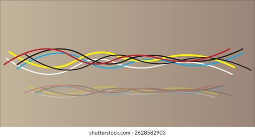 Colorful wavy lines with reflection on gradient background, abstract modern art design, dynamic flowing curves with vibrant tones.