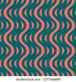 Colorful wavy lines seamless pattern. Vector texture with bright waves, vertical curved stripes. Modern abstract background in trendy colors, coral and dark green. Repeat decorative design 