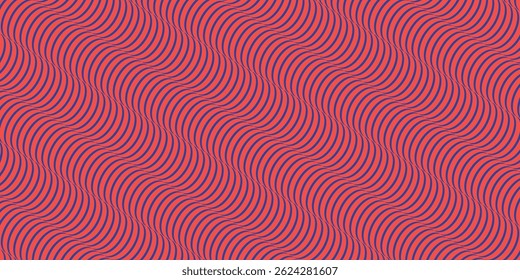Colorful wavy lines seamless pattern. Vector texture with bright waves, diagonal curved stripes. Modern abstract red and blue background, optical illusion effect. Repeat design for decor, covering