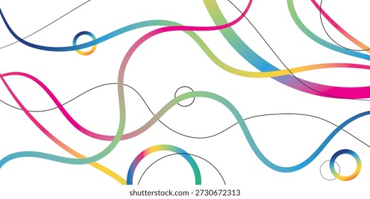 Líneas onduladas de colores y líneas negras delgadas con círculos crean un diseño de fondo abstracto, dinámico y moderno en un lienzo blanco. Esta vibrante ilustración sugiere movimiento y fluidez.