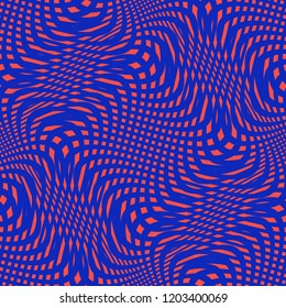 Colorful wavy mesh seamless pattern. Vector texture with bright lines, waves, curved net, grid. Modern abstract red and blue background, optical illusion effect. Repeatable pop art style design 