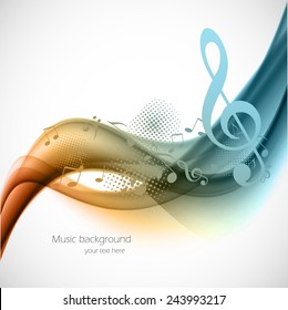 Colorful wavy music background with notes and g-clef