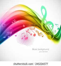 Colorful wavy music background with notes and g-clef
