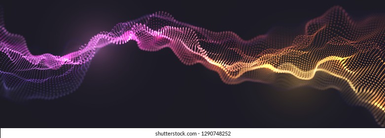 Farbige Oberfläche von scharfen Teilchen auf dunklem Hintergrund. Technologie- oder Wissenschaftsbanner. Dots Waves mit DOF-Effekt. EPS10 Vektorgrafik.